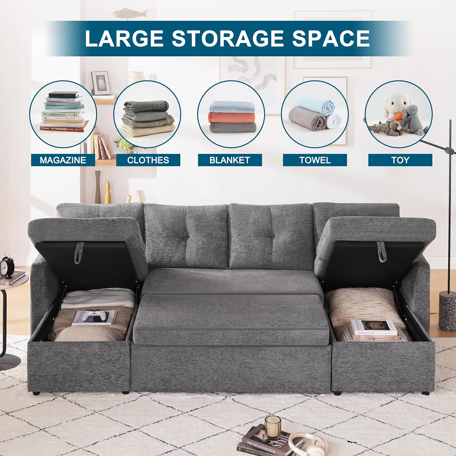 Oversized Sleeper Sofa Couch, 110 inch 2 in 1 Pullout Couch Bed with Double Storage Chaise, Sectional Sleeper Sofa Bed with Side Pocket for Living Room, Dark Grey