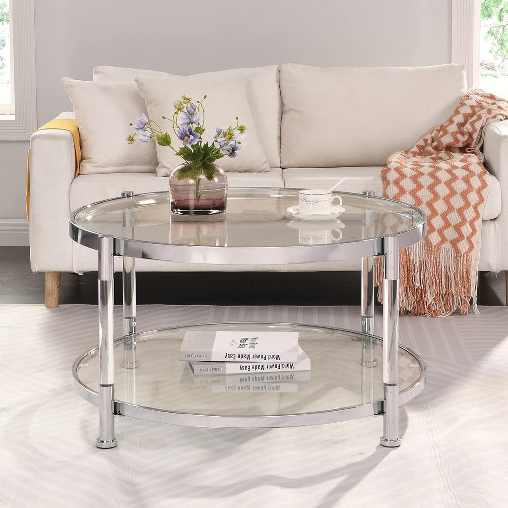 Tempered Glass Round Coffee Table, 32.3" Modern Acrylic Legs Circle Coffee Table for Living Room