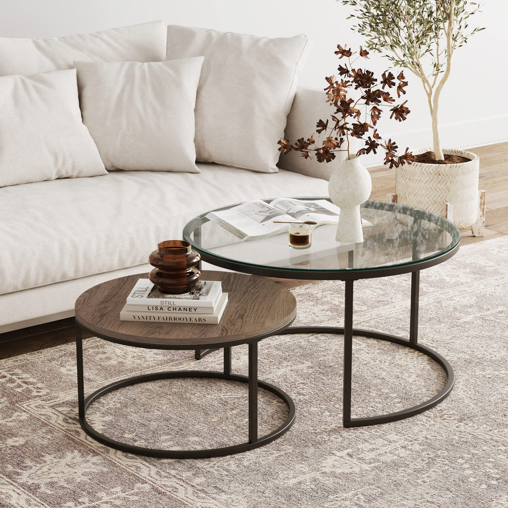 Nathan James Stella Round Modern Nesting Coffee Set of 2, Stacking Living Room Accent Tables with an Industrial Wood Finish and Powder Coated Metal Frame, Warm Nutmeg/Matte Black