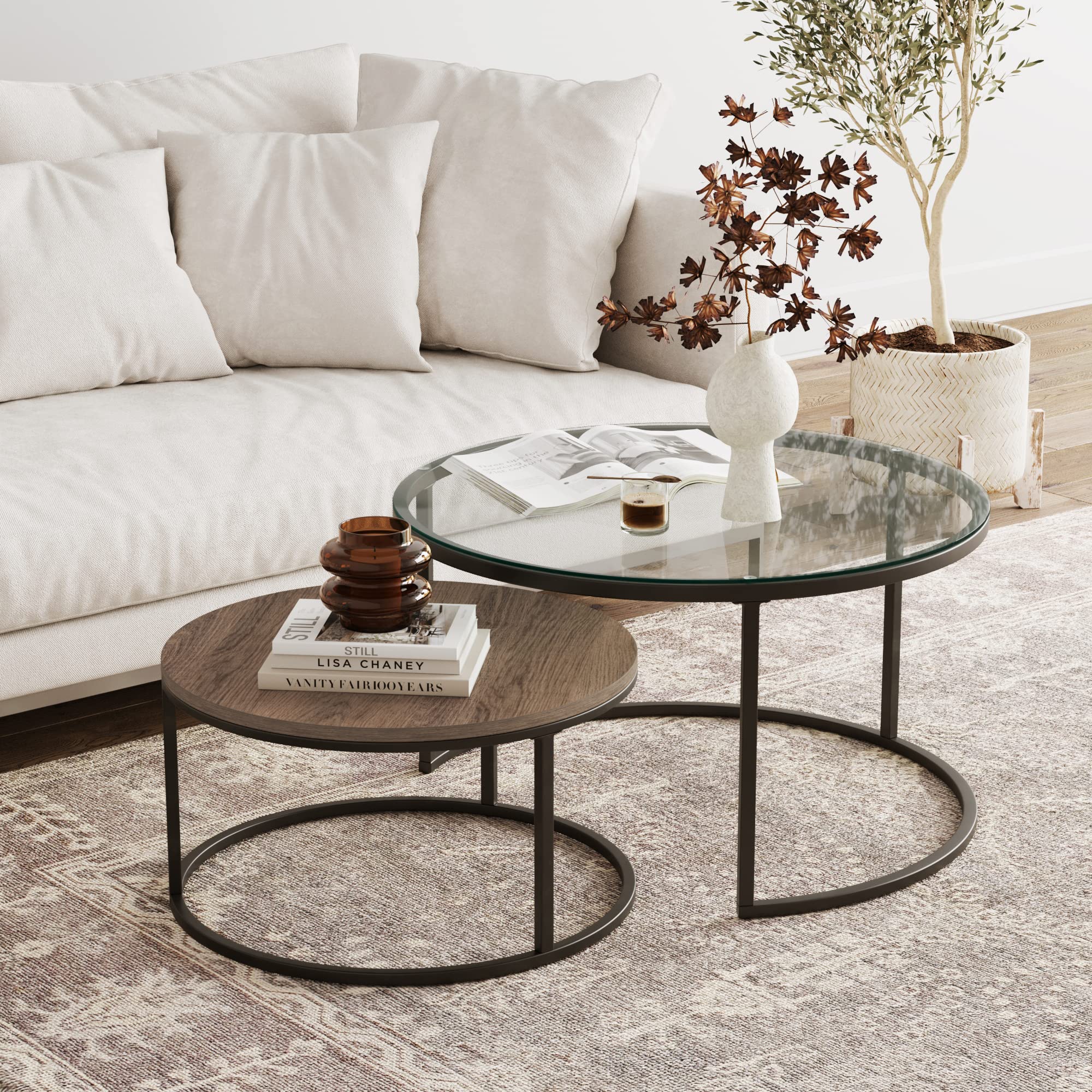 Nathan James Stella Round Modern Nesting Coffee Set of 2, Stacking Living Room Accent Tables with an Industrial Wood Finish and Powder Coated Metal Frame, Warm Nutmeg/Matte Black