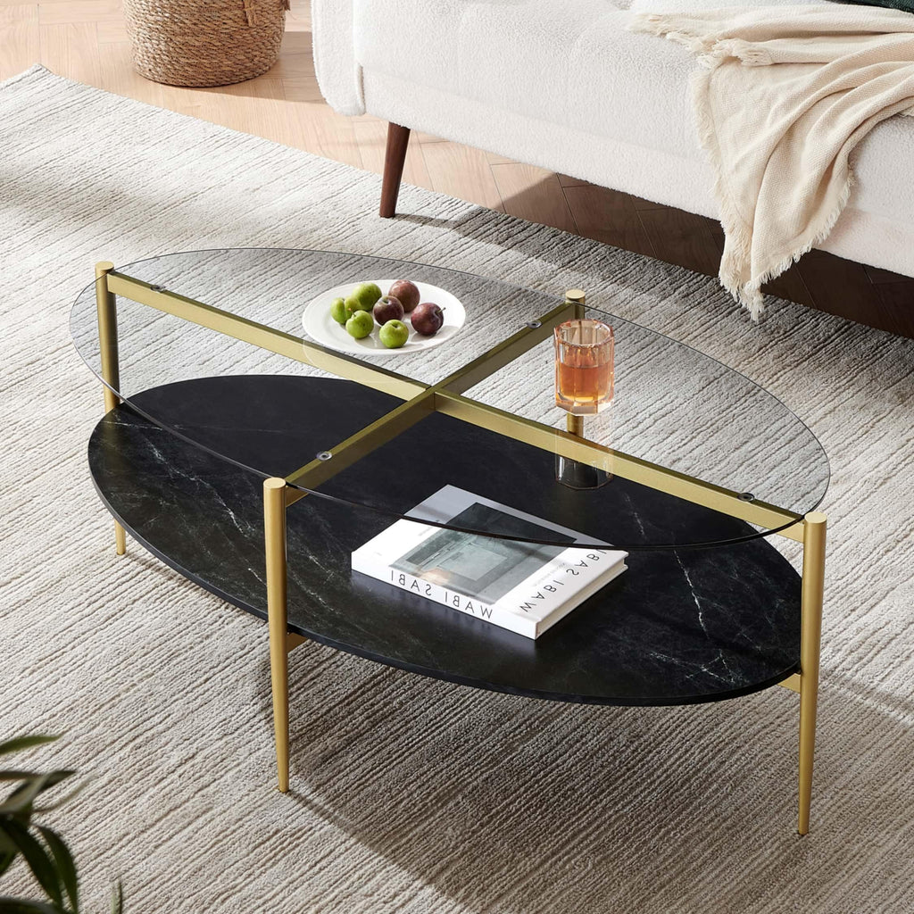Extra Large Round Coffee Table, Mid-Century Modern Design, D34 x H17 in, for Living Room, 2-Tier Structure, Amber Glass Top and Walnut MDF Shelf, Sleek Conical Metal Legs with Gold Finish