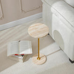 Φ9.8-inch Marble Round Drink Table, Stone Finish Pedestal End Table for Living Room, Weighted Base Small Accent Side Table for Small Space Office - Beige