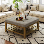 Large Square Ottoman Coffee Table, Linen Solid Upholstered Footrest Ottoman with Solid Wood Shelf Storage Tufted Coffee Table for Bedroom Living Room-Ivory