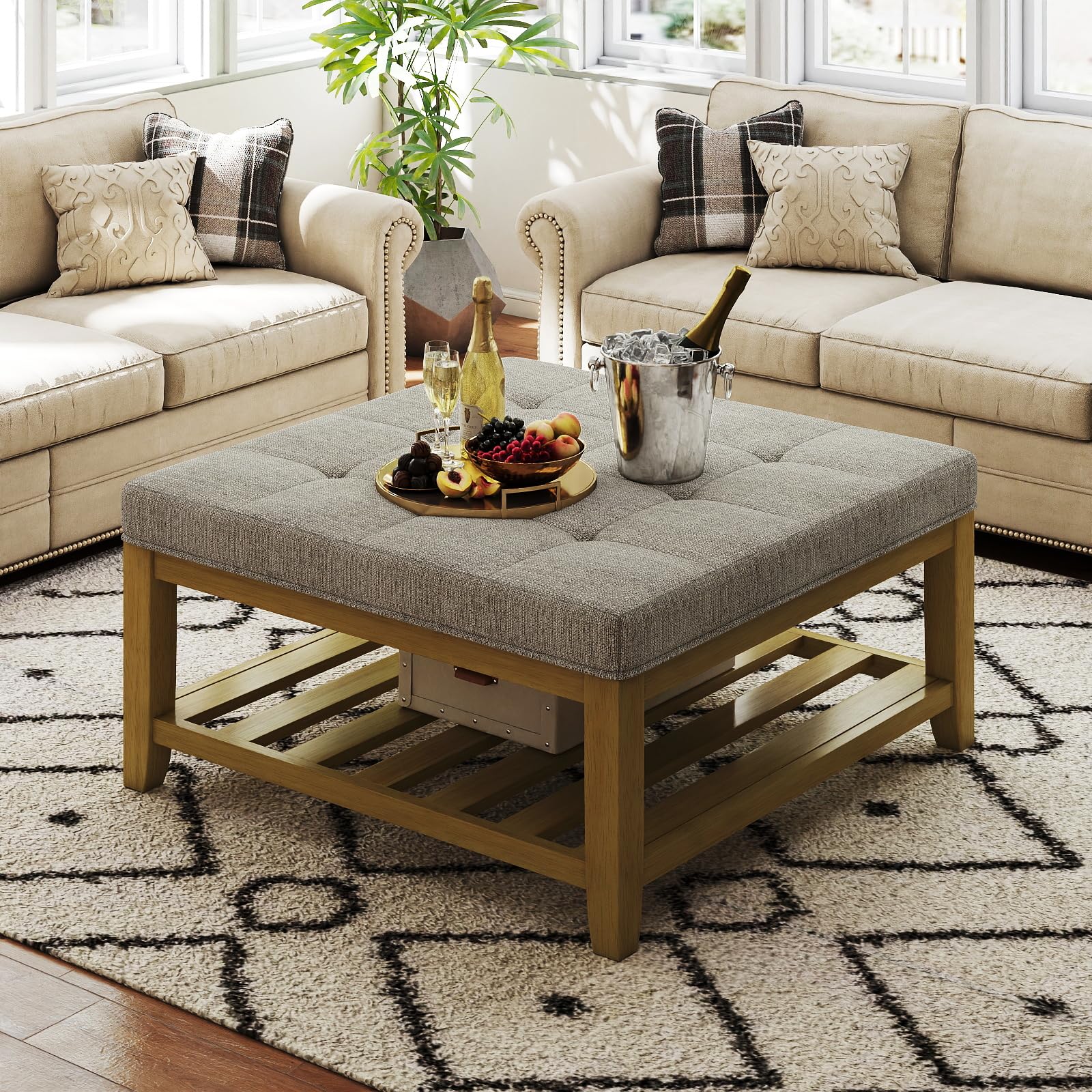 Large Square Ottoman Coffee Table, Linen Solid Upholstered Footrest Ottoman with Solid Wood Shelf Storage Tufted Coffee Table for Bedroom Living Room-Ivory