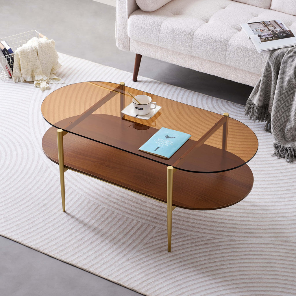 Extra Large Round Coffee Table, Mid-Century Modern Design, D34 x H17 in, for Living Room, 2-Tier Structure, Amber Glass Top and Walnut MDF Shelf, Sleek Conical Metal Legs with Gold Finish