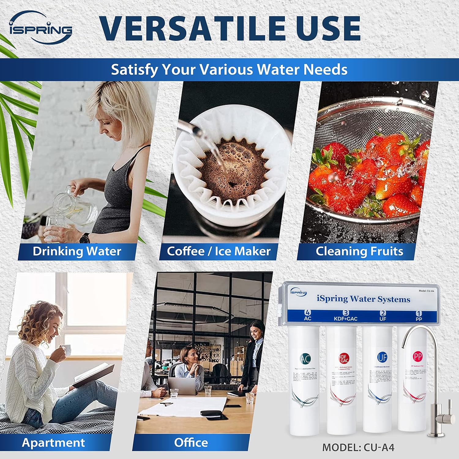 iSpring CU-A4 0.01μm Ultra-Filtration Under Sink Water Filter System, Tankless 4-Stage High Capacity, Remove 99.99% Contaminants, Quick Filter Change with Brushed Nickel Faucet, White