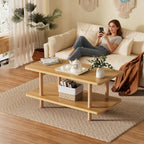 2 Tier Coffee Table Low Table with Solid Wood Legs, Japanese Coffee Table for living Room, Side Table Sofa Table, Floor Table Desk for Sitting on The Floor, Storage Shelf Furniture for Office, Natural
