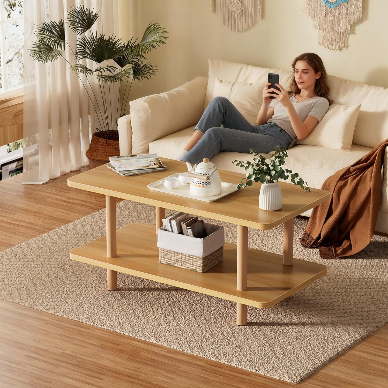 2 Tier Coffee Table Low Table with Solid Wood Legs, Japanese Coffee Table for living Room, Side Table Sofa Table, Floor Table Desk for Sitting on The Floor, Storage Shelf Furniture for Office, Natural