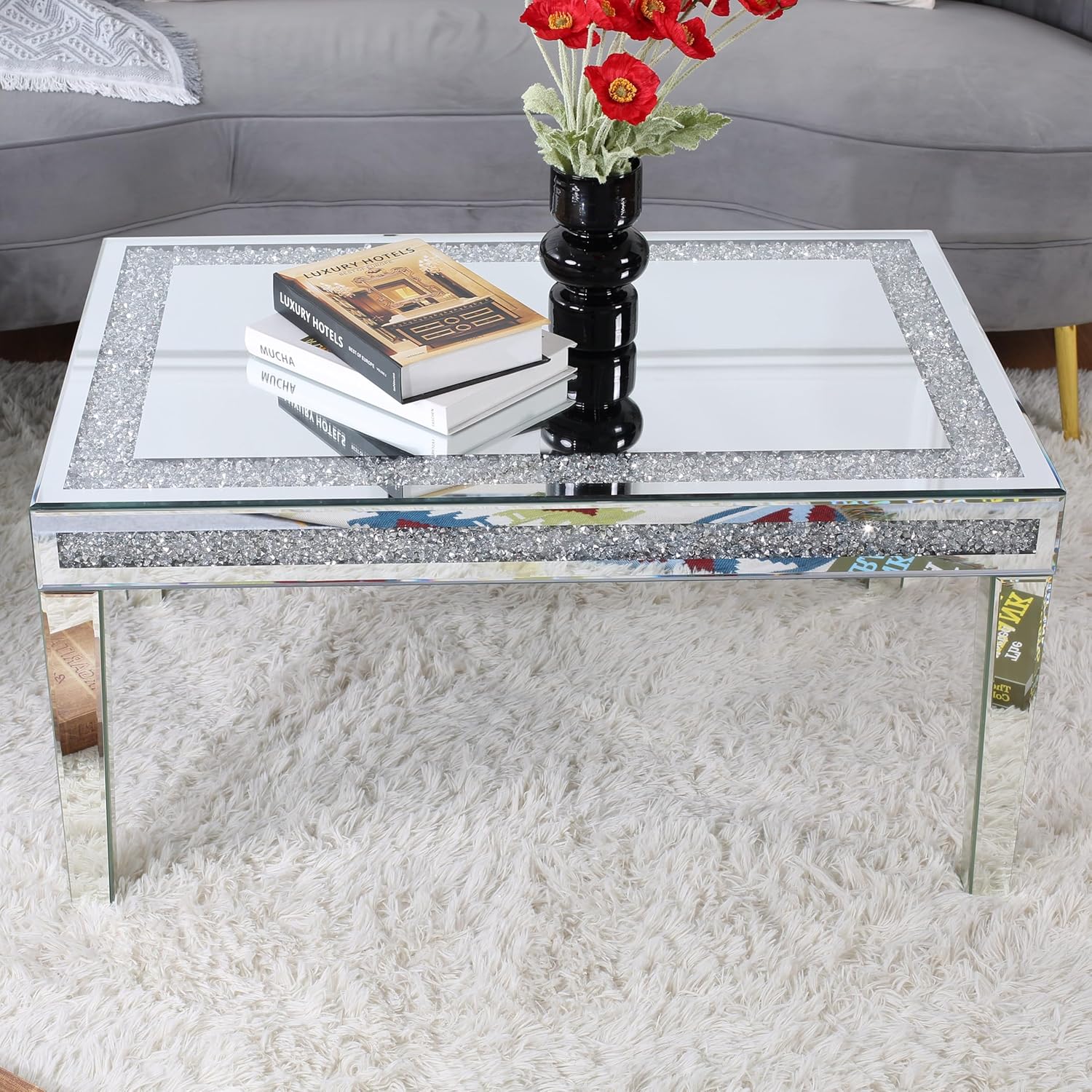 Silver Coffee Tables for Living Room with Dazzling Crushed Crystal Border, Clear Glass Rectangle Center Table Mirrored Finished, Glam Modern Living Room Furniture