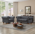 Chesterfield Leather Sofa, 89" Mid Century Modern Couch with Low Back, Roll Arm Nailhead Trim Classic 3 Seater Couch for Living Room, Office, Apartment, PU Burgundy