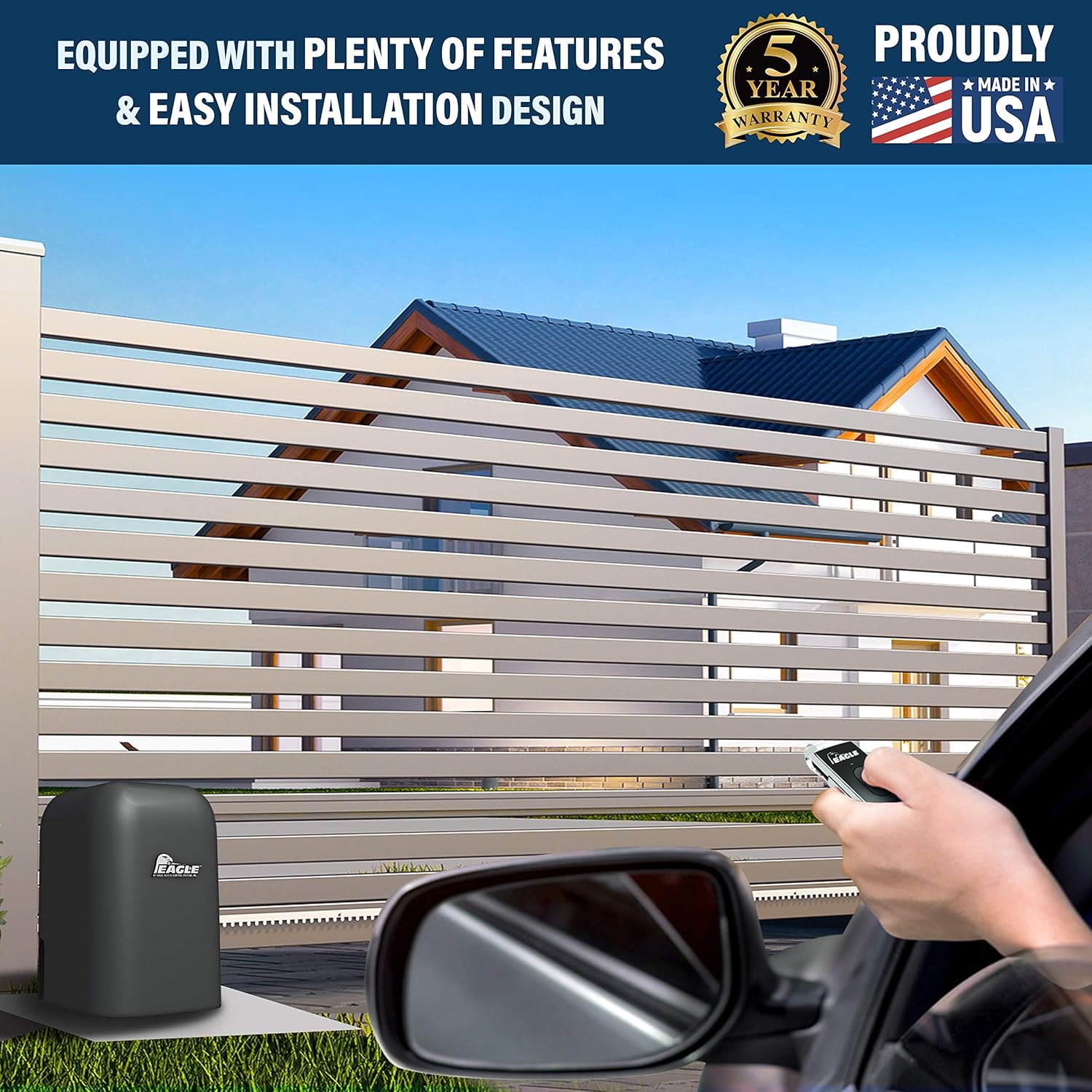 Eagle-1 Slide Gate Operator with 2 Wireless Remotes, Security Reflective Photo Eye Monitored, and Receiver – ½ HP Residential Home Slide Gate Opener – Easy to Install