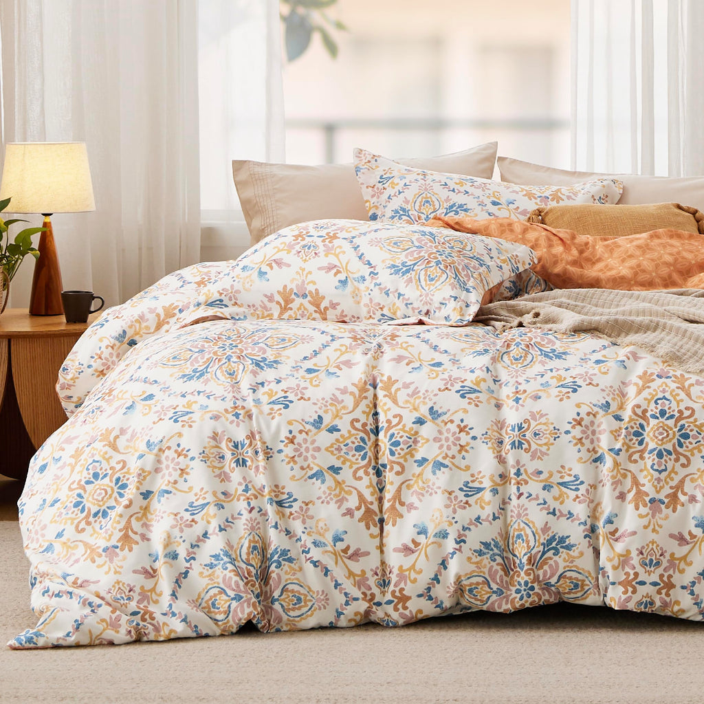 Bedsure Duvet Cover Queen Size - Reversible Floral Duvet Cover Set with Zipper Closure, Green Bedding Set, 3 Pieces, 1 Duvet Cover 90"x90" with 8 Corner Ties and 2 Pillow Shams 20"x26" - Grand Goldman