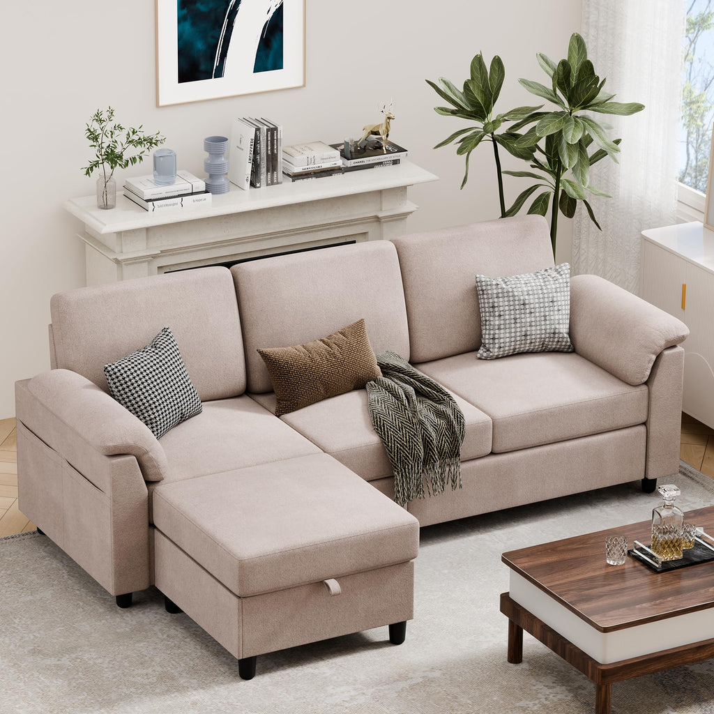 Vongrasig 79" Convertible Sectional Couch Sofa with Storage Ottoman, 3 Seat L Shaped Couch with Side Storage Pockage, Linen Fabric Small Couches for Living Room, Apartment and Small Space, Black