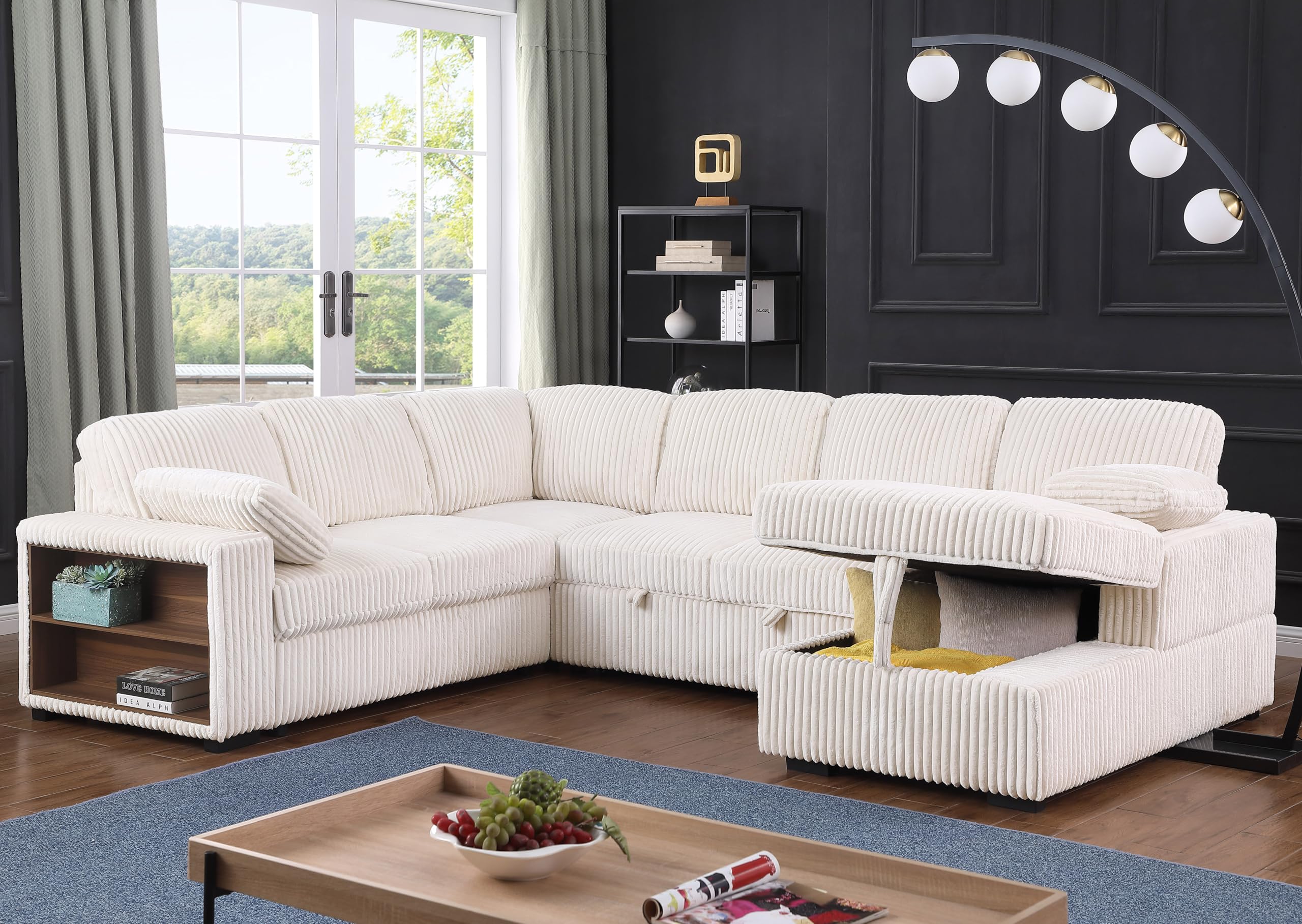 Oversized U-Shaped Sleeper Sectional Sofa Modern Fluffy Corduroy Upholstered Corner Convertible Sofabed with Pull Out Sleeper Couch Bed ,Storage Left Chaise and Pillows for Living Room Furniture Sets