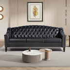 AVZEAR 82" Three Seater Leather Sofa, Chesterfield Sofa, Mid-Century Modern PU Upholstered Sofa Couch, Deep Button Tufted Living Room Sofa with Two Throw Pillows, Black