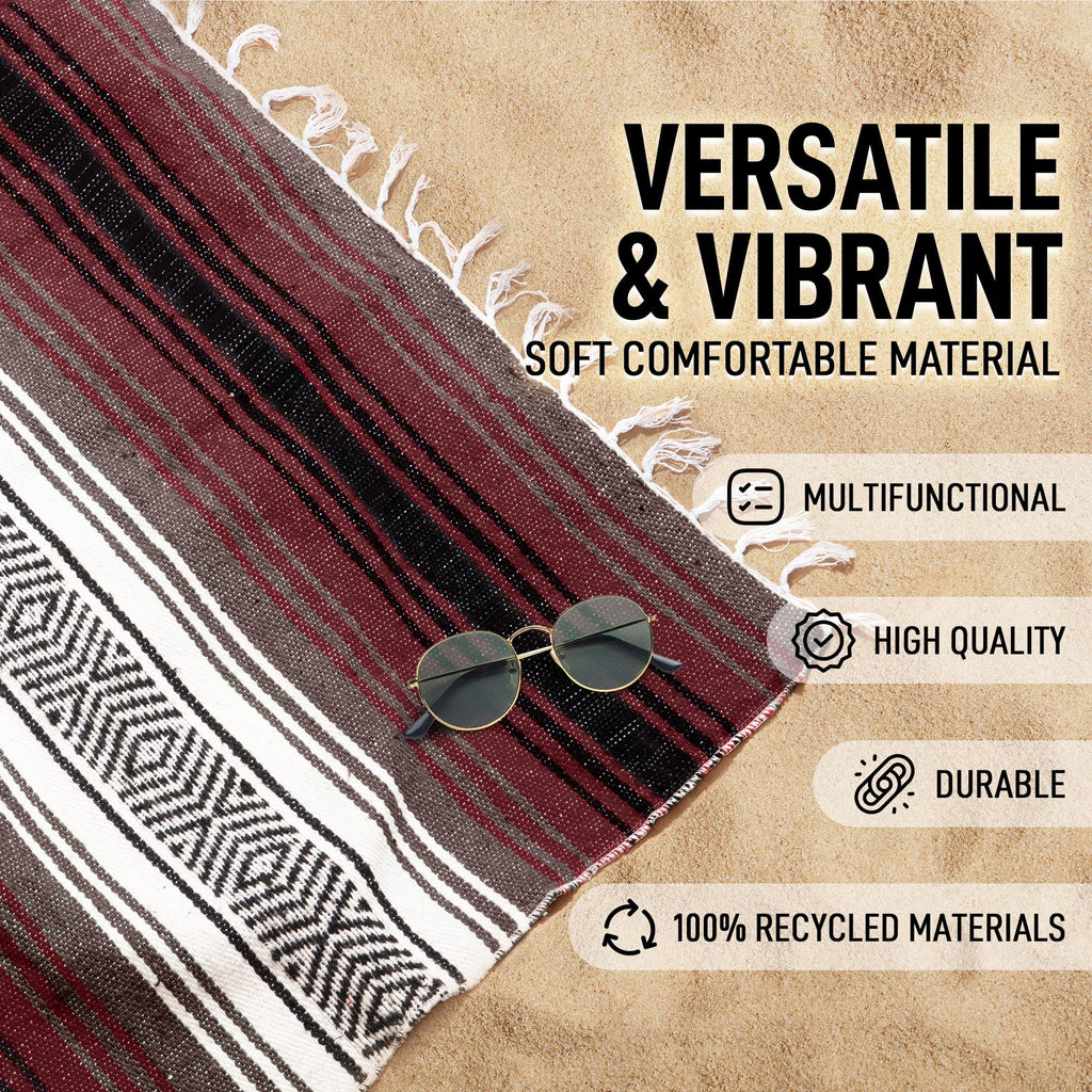 Authentische große handgewebte mexikanische Decke - Weiche Yoga- Strapazierfähiger Serape- Leichte Falsa, Strand-, Camping-, Picknick-, Outdoor-Decke 70"x50" - Kirsche