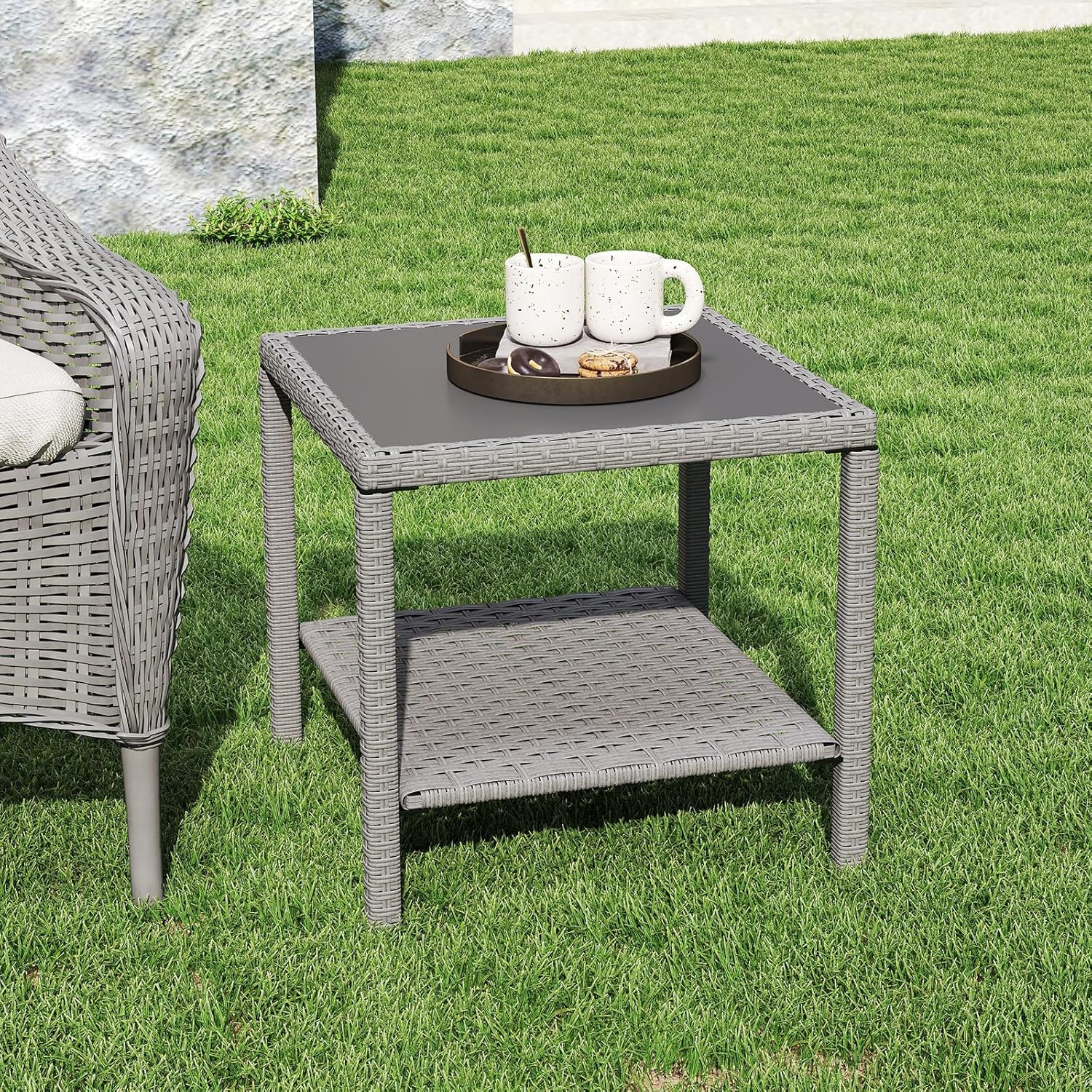 C-Hopetree Small Outdoor Coffee Side End Table for Outside Patio Storage, Gray All Weather Wicker with Glass Top, Square
