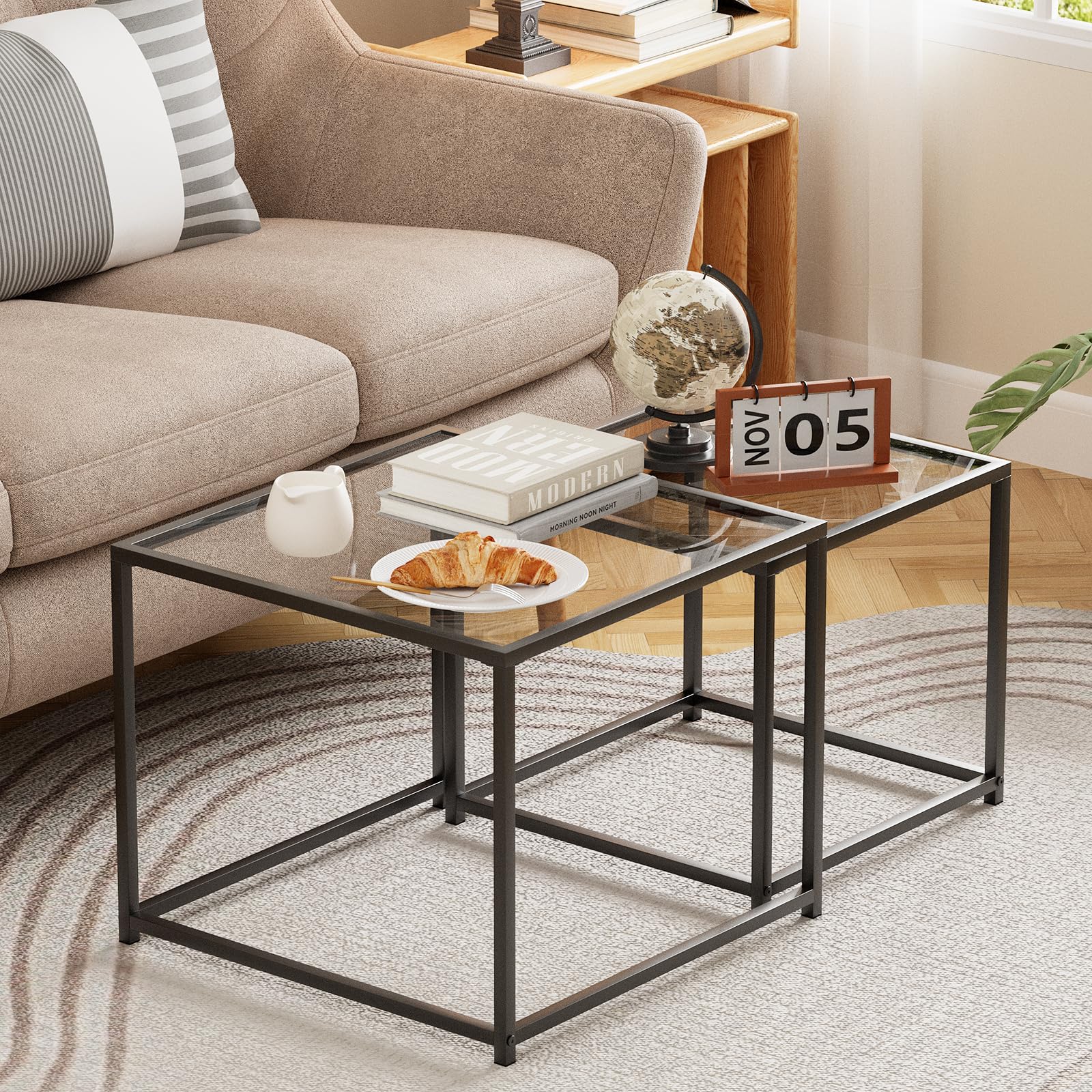 Nesting Coffee Table Set of 2,Glass Coffee Table Modern Center Living Room Table,Minimalist Nesting Table Set of 2 for Living Room,Tempered Glass-top with Sturdy Metal Frame, Easy Assembly,Black