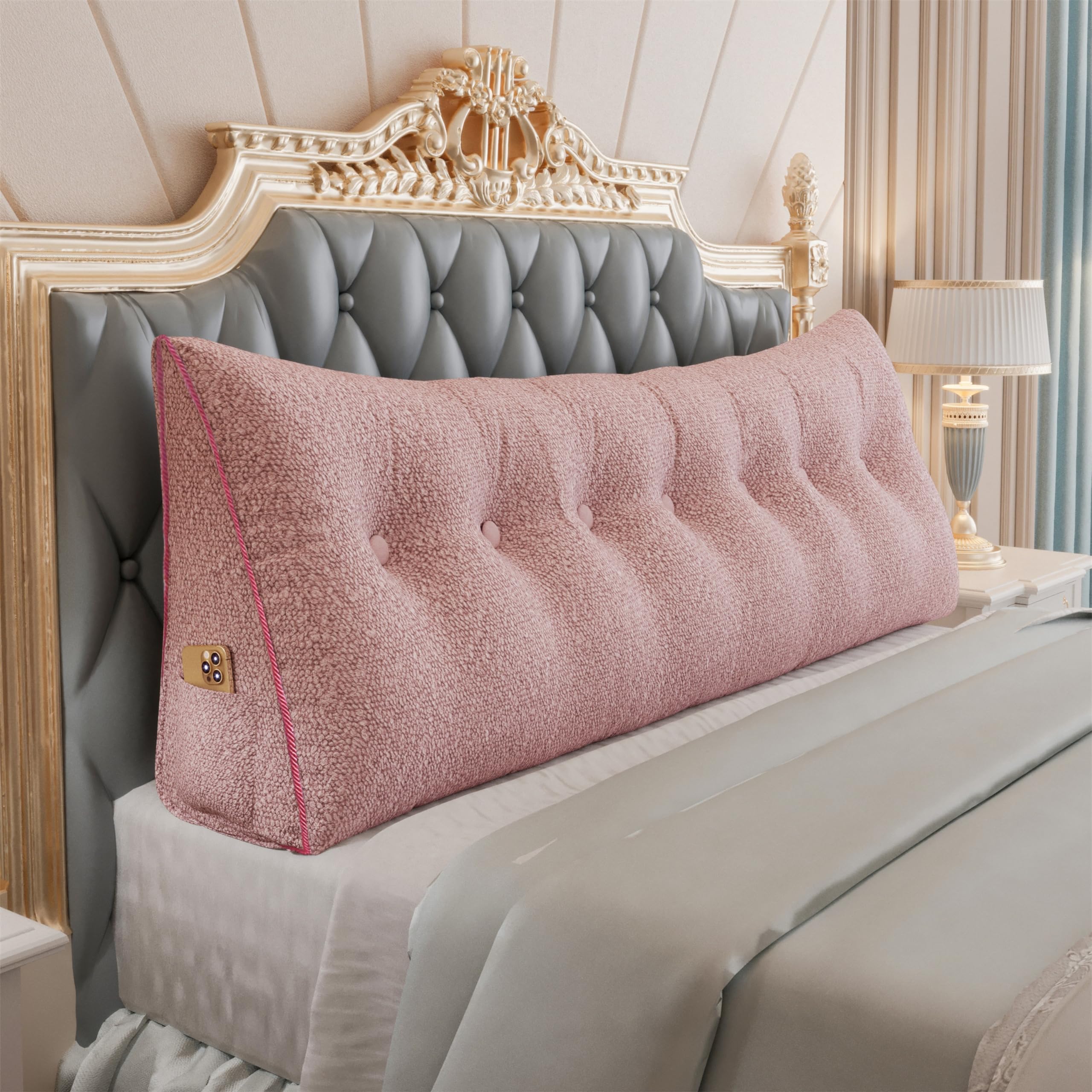BNCKTRD Triangle Reading Pillow King Size XXL Wedge Headboard Extra Large Back Support Pillow for Sitting up in Bed Daybed Bolster Backrest Cushion Velvet Pink