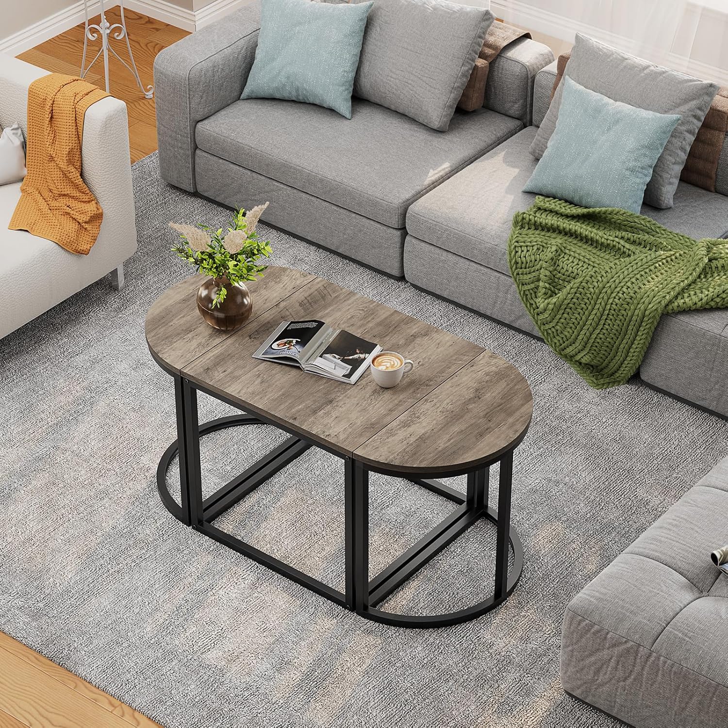 GreenForest Coffee Table Oval 3pcs Set, Modern Living Room Table with 2 End Tables, Small Center Table with Metal Frame for Home Apartment, Gray Wash