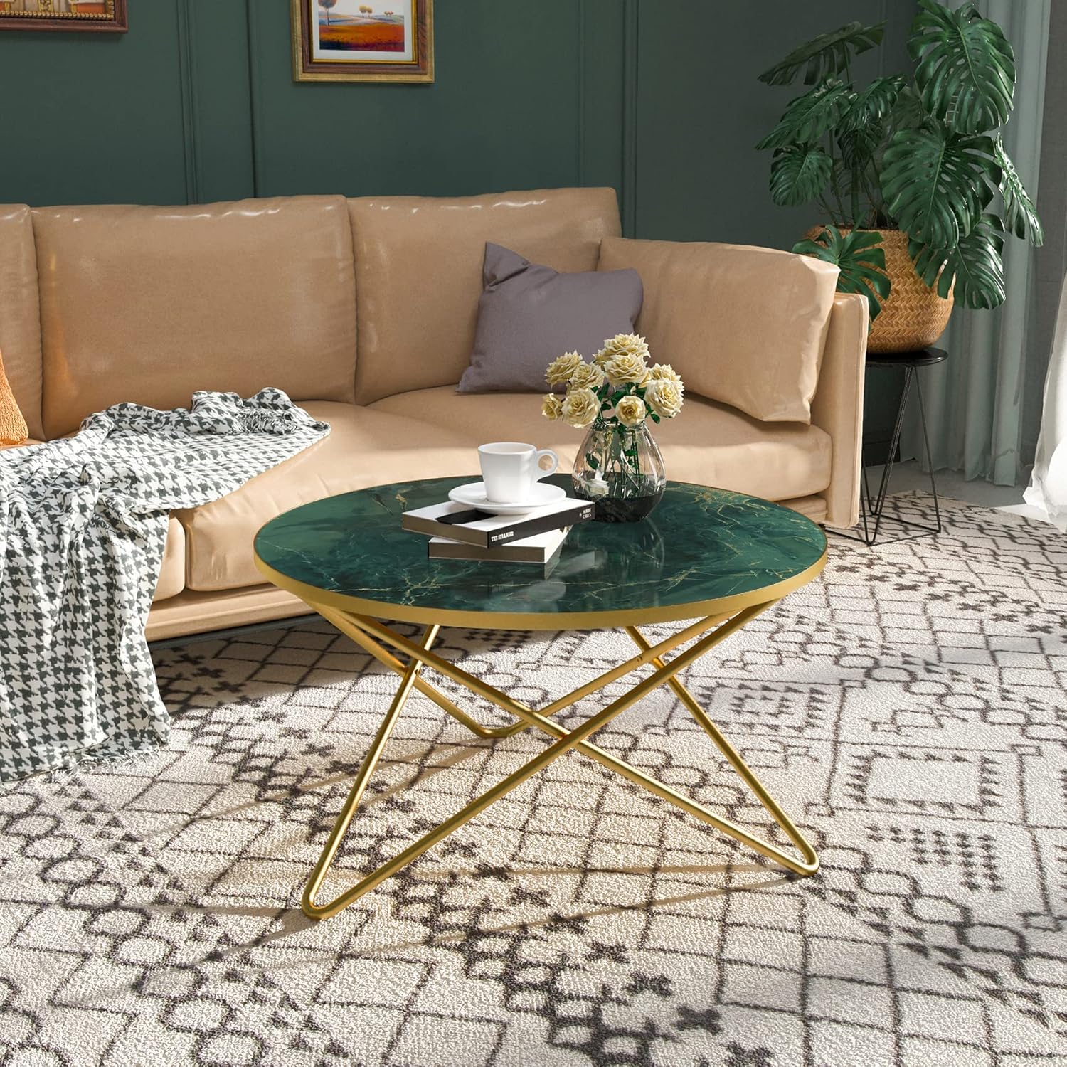 HLR Round Coffee Table with Green Faux Marble Top