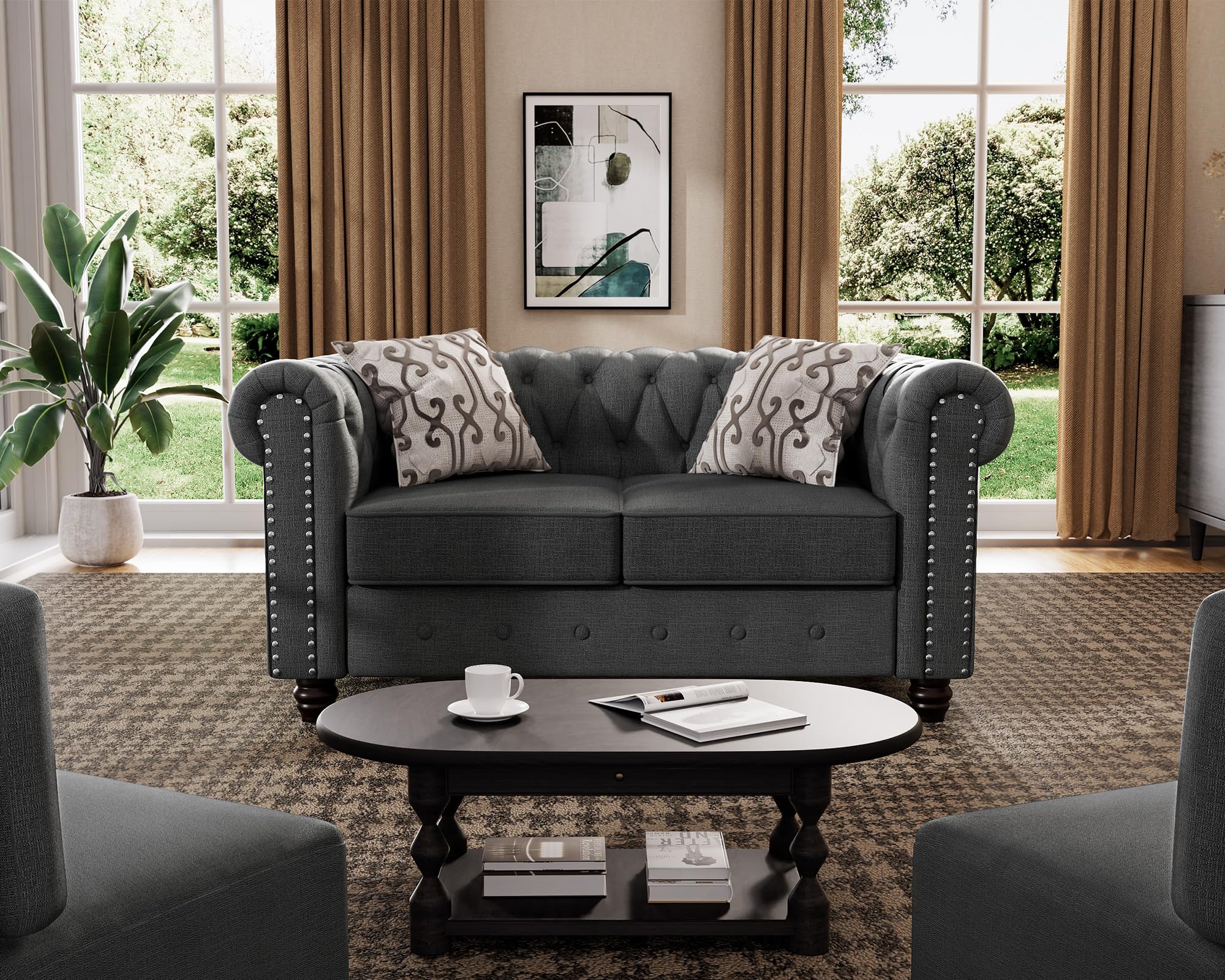 Morden Fort Classic Chesterfield Sofa Set 82'', Tufted Sofa Couch Set with Solid Wood Legs Thick Cushion, Pet-Friendly 3-Seater Sofas Couches for Living Room Bedroom Apartment - Linen Beige