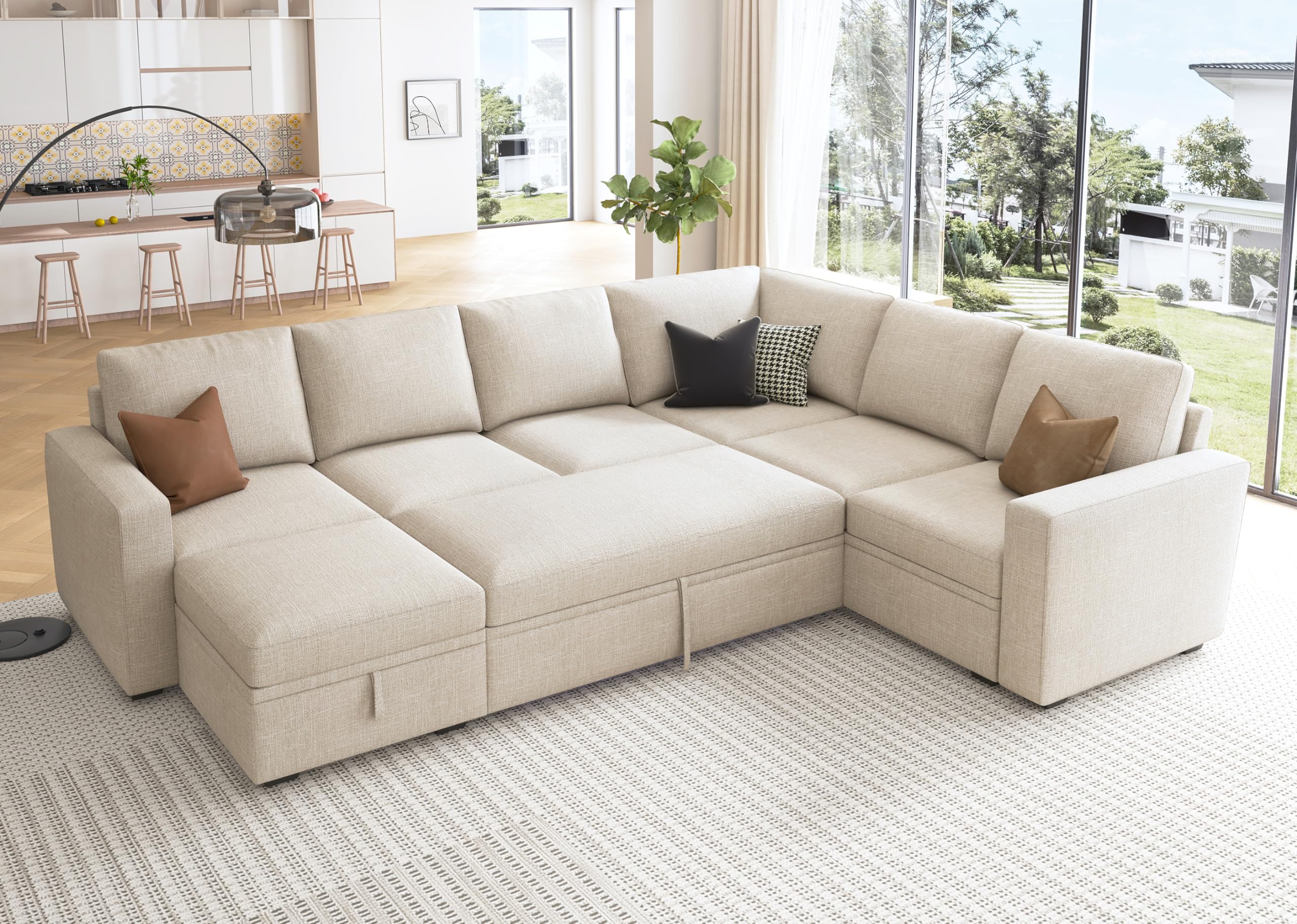 HONBAY Modular Sectional Sleeper Sofa with Pull Out Bed, L Shaped Couch with Storage Seat, Convertible Sectional Couches for Living Room, Beige