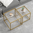 Coffee Table Set of 2,Gold Glass Nesting Coffee Side End Table,Square Modern Center Table for Living Room,Bedroom and Small Spaces,Tempered Glass-top with Sturdy Metal Frame, Easy Assembly