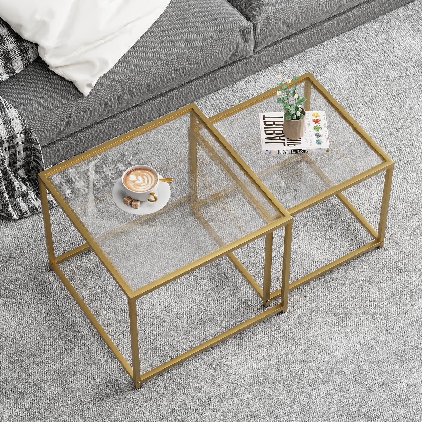 Coffee Table Set of 2,Gold Glass Nesting Coffee Side End Table,Square Modern Center Table for Living Room,Bedroom and Small Spaces,Tempered Glass-top with Sturdy Metal Frame, Easy Assembly