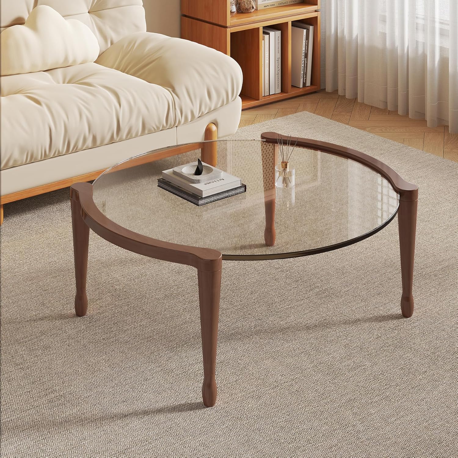 31.5" Round Glass Mid Century Modern Coffee Table with Wood Legs-Circle Tempered Glass Top Center Table, Unique Contemporary Center Table for Small Space
