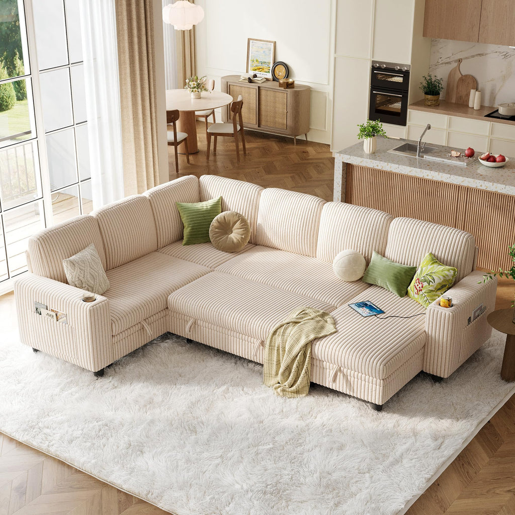 LINSY HOME Sectional Sleeper Sofa with Pull Out Couch Bed - Convertible Plush Corduroy Cloud Couch with Storage Chaise & USB Charging, Comfy Modular Couches for Living Room, Green