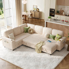 LINSY HOME Sectional Sleeper Sofa with Pull Out Couch Bed - Convertible Plush Corduroy Cloud Couch with Storage Chaise & USB Charging, Comfy Modular Couches for Living Room, Green