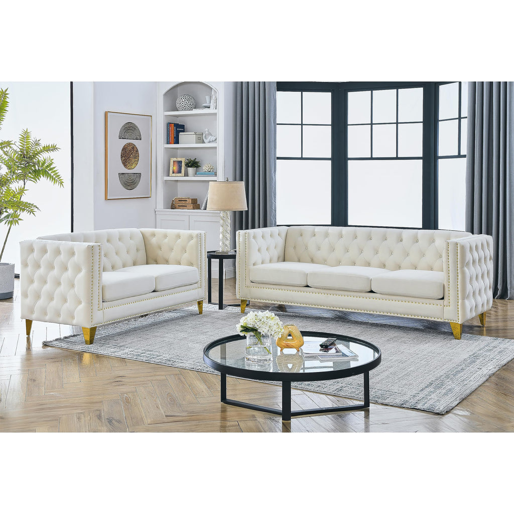KEIKI Tufted Velvet 3+3 Seat Sofa Couch for Living Room, Buttons Tufted Square Arm Couch for Home Apartment, Gray