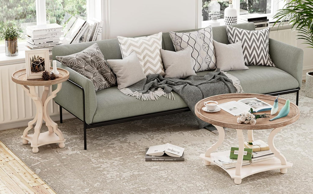 Round Farmhouse Coffee Table with Handmade Finish, Wood Tray Top Rustic Coffee Table for Added Thickness, Accent Table with Storage for Living Room, Small Place, White, Circle