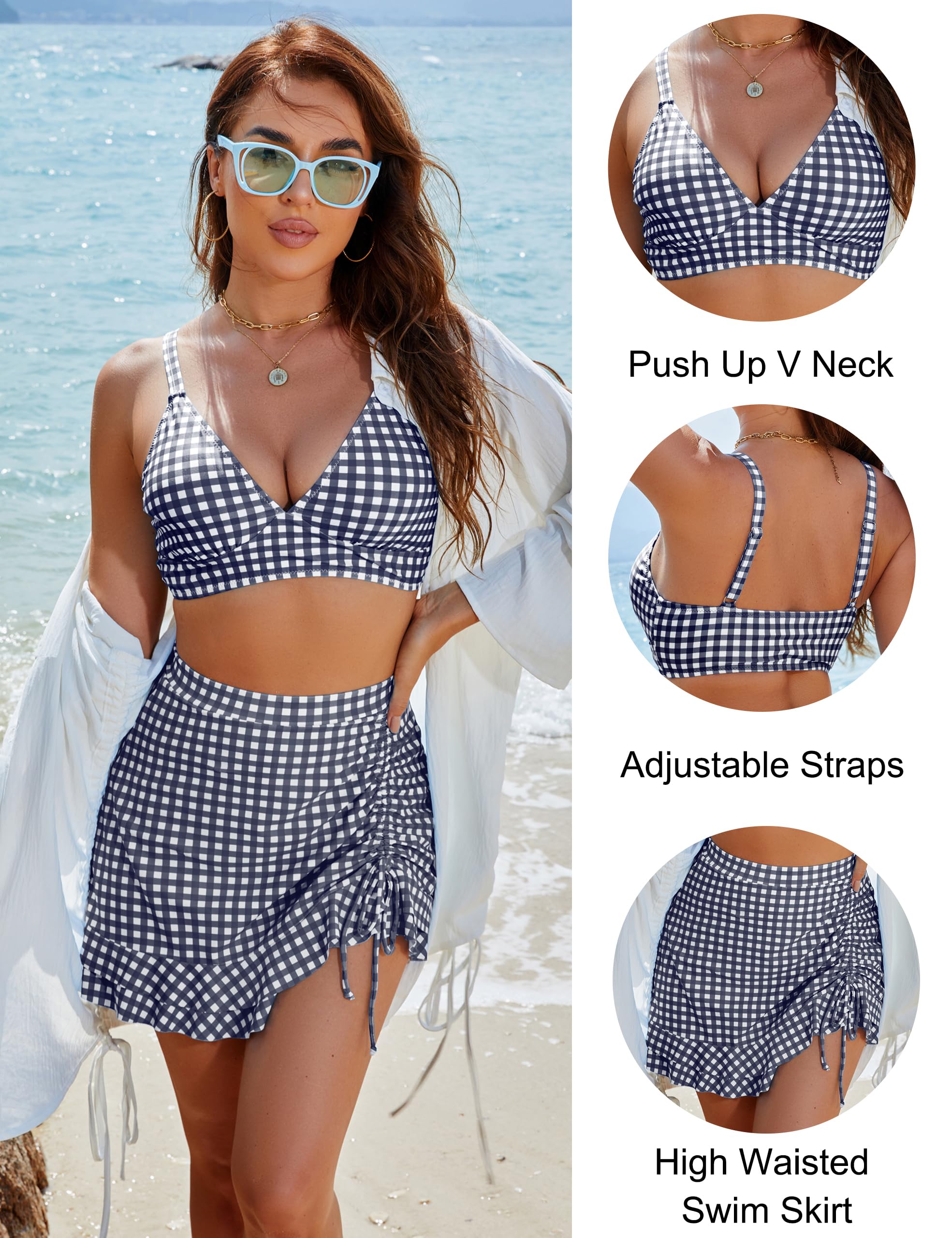 Blooming Jelly Women's High Waisted Bikini Sets Tummy Control Swim Skirt Two Piece Swim Suit 2025 Retro Swimsuit(Black White Plaid,Medium)