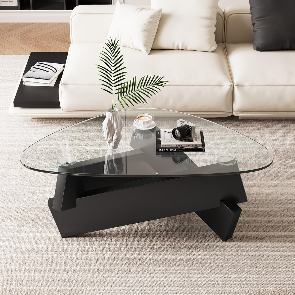 Walnut Triangle Coffee Table 35.5'' x 27.5'' x 15.7'' Modern Mid Century Glass Coffee Table Rustic Brown Solid Wood Center Table Funky Retro Vintage Tea Table for Living Room & Small Space