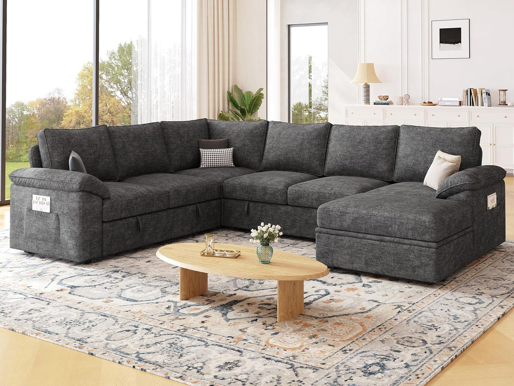108 Inch Sectional Sleeper Sofa with Pull Out Bed, U Shaped 7 Seat Modular Sectional Sofa with Storage, Sectional Couches for Living Room, Cloud Modular Couch, Removable Sofa Cover, Dark Grey