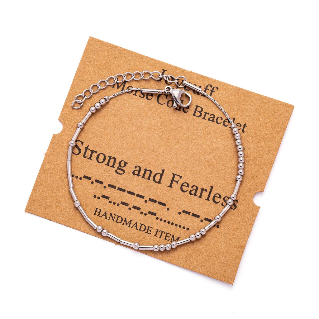 JoycuFF Cadeaux Inspirants pour Femmes Fortes et Intrépides Bracelets en Code Morse pour Meilleures Amies Fille Sœur Bracelet Chaîne Fait Main Argent Bijoux de Message Secret d'Encouragement Motivant