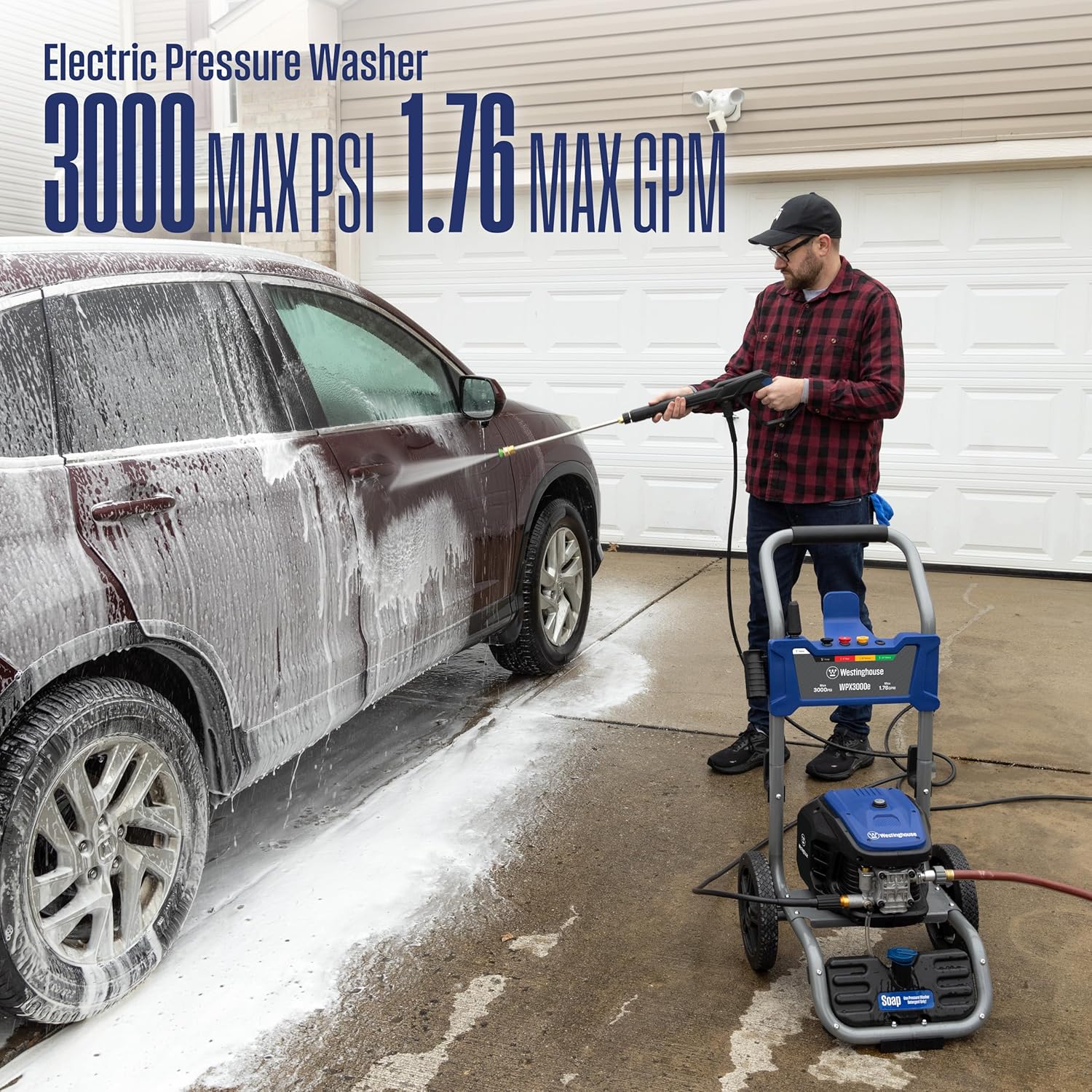 Westinghouse WPX3000e Electric Pressure Washer, 3000 Max PSI and 1.76 Max GPM, Induction Motor, Onboard Soap Tank, Spray Gun and Wand, 5 Nozzle Set, for Cars/Fences/Driveways/Homes/Patios/Furniture