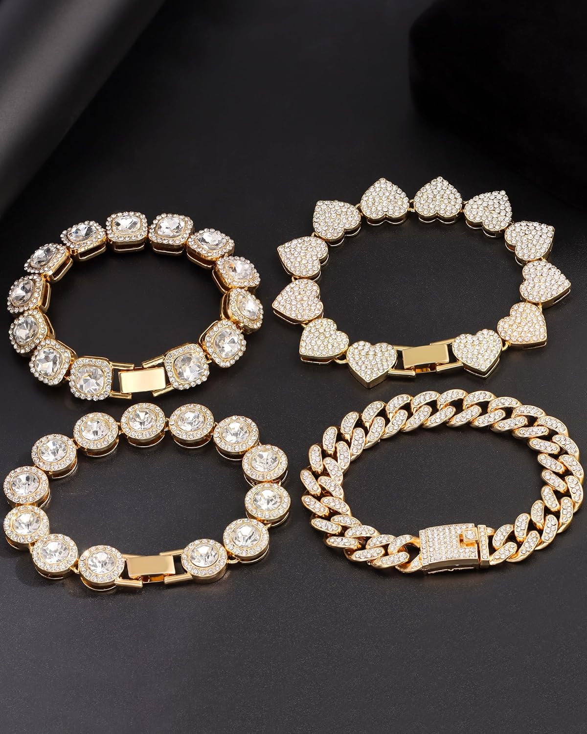 4PCS Gold Bracelets for Women Silver Clustered Tennis Bracelet for Women Heart Round Diamond Cuban Bracelet Layered Link Bracelet Set Fashion Jewelry for Women Set