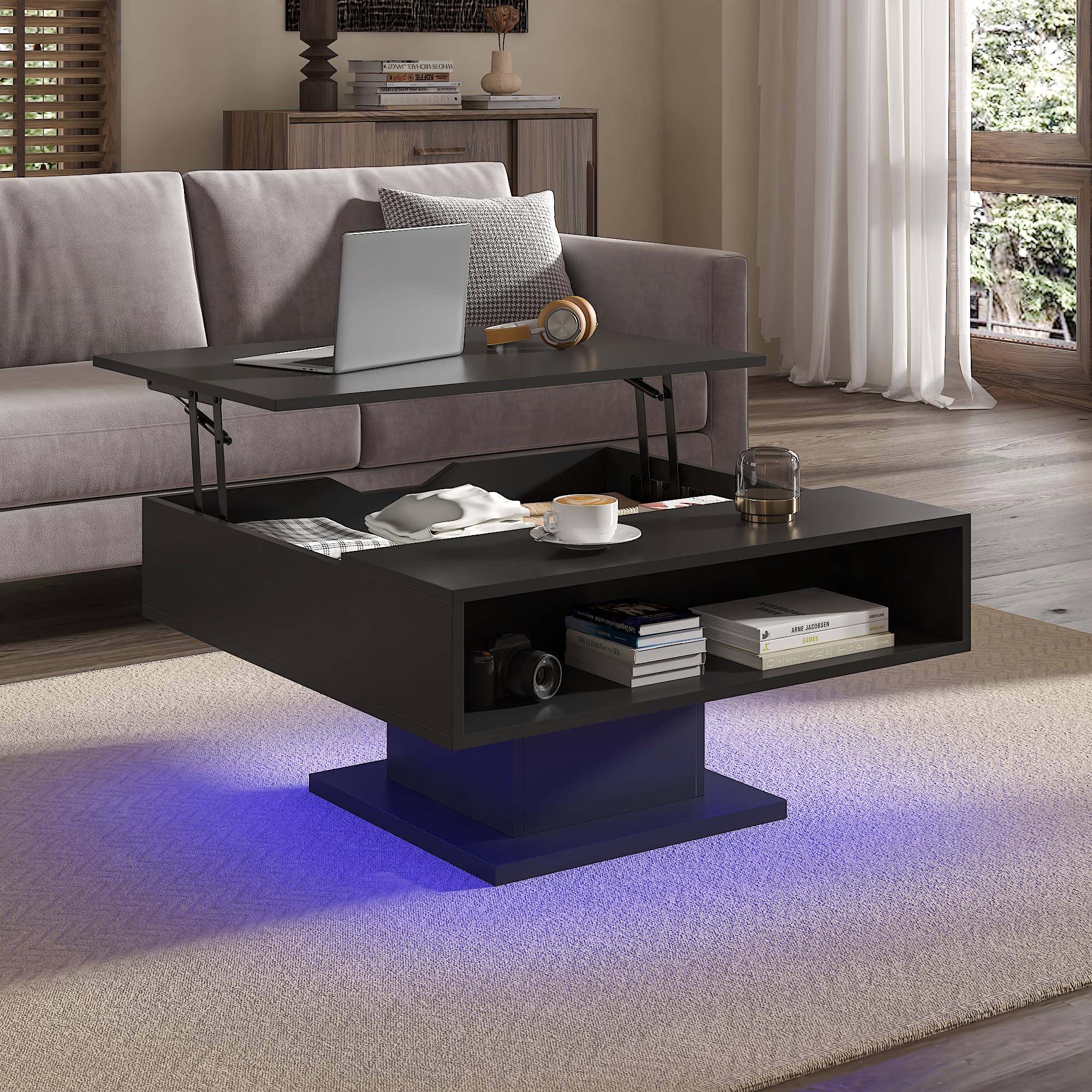 Square Lift Top Coffee Table with Storage, White Led Coffee Table for Living Room with Large Hidden Storage, 30.7" Wood Table Led Center Table for Dining Reception Room