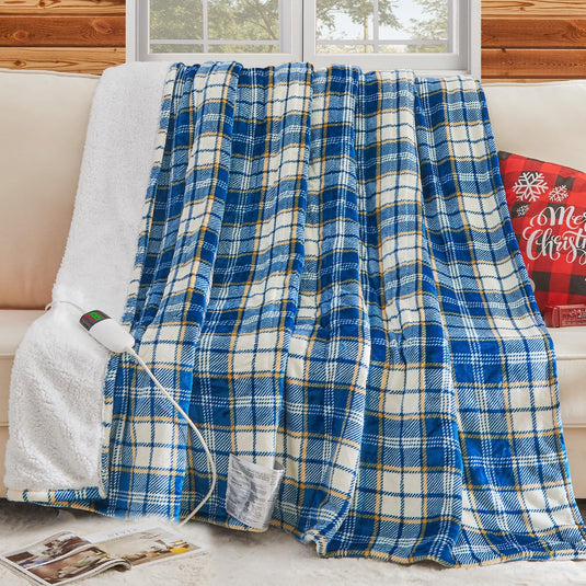 Heated Blanket Electric Throw, 50X60, Heating Throw with 10 Heating Levels/8 Hours Auto Off, Navy Blue Plaid Checkered Sherpa Blanket Warmer for Adults, Washable Blanket Gift for Couch Bed Office, ETL