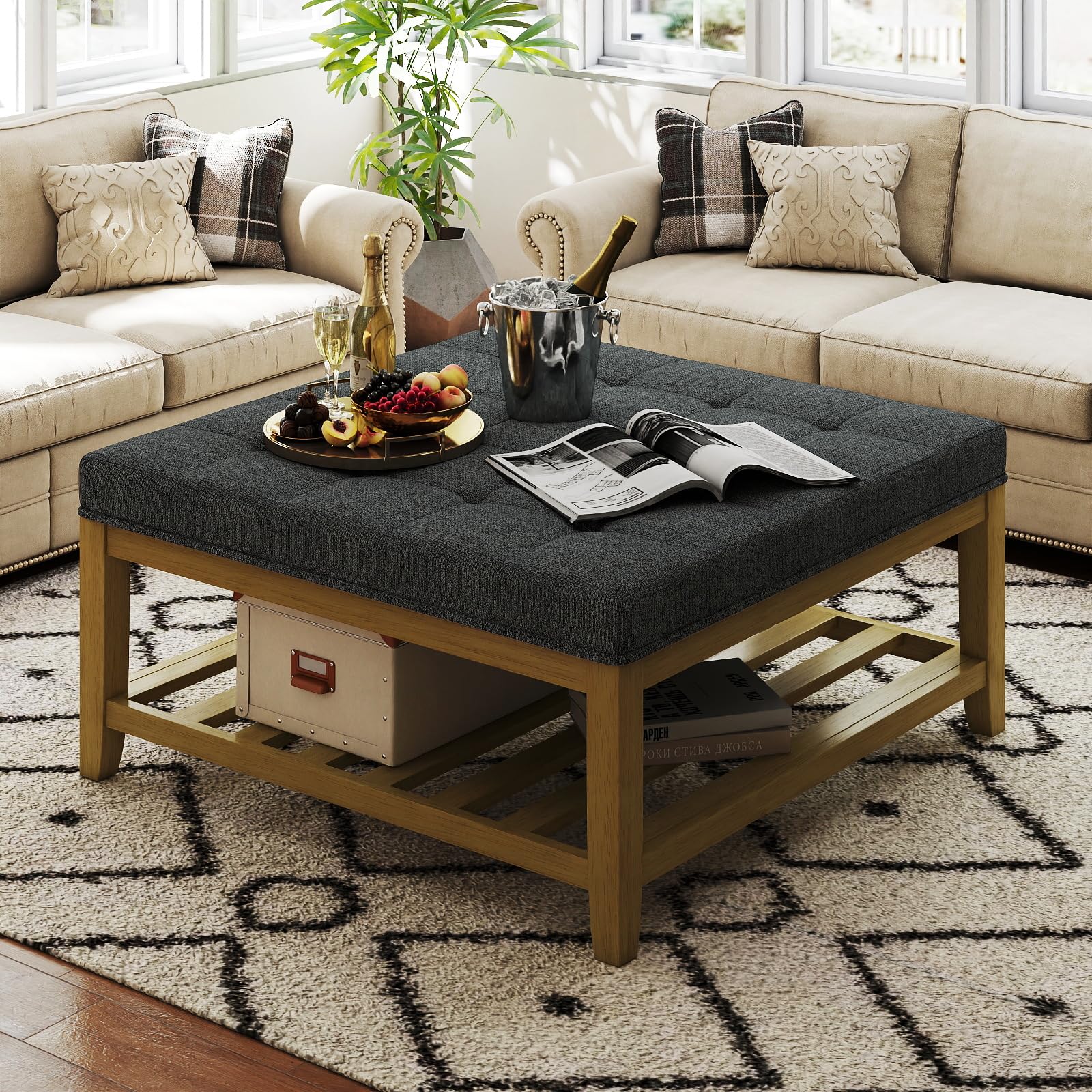 Large Square Ottoman Coffee Table, Linen Solid Upholstered Footrest Ottoman with Solid Wood Shelf Storage Tufted Coffee Table for Bedroom Living Room, Linen