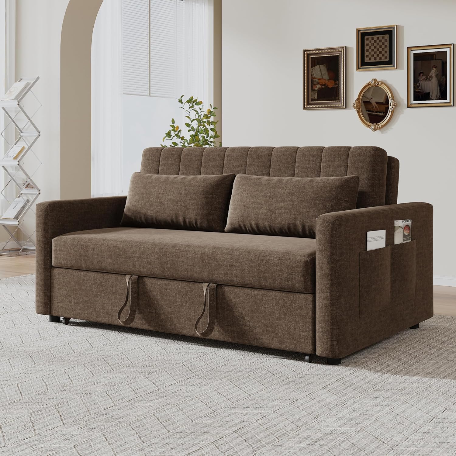 55'' Sofa Bed, Pull Out Sleeper Sofa Couch Bed, Loveseat Couch Bed, Futon Sofa Bed with Side Pocket, Convertible Sofa Bed for Living Room, Apartment, Bedroom, RV, Brown
