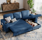 LINSY HOME Sectional Sleeper Sofa with Pull Out Couch Bed - Convertible Plush Corduroy Cloud Couch with Storage Chaise & USB Charging, Comfy Modular Couches for Living Room, Green