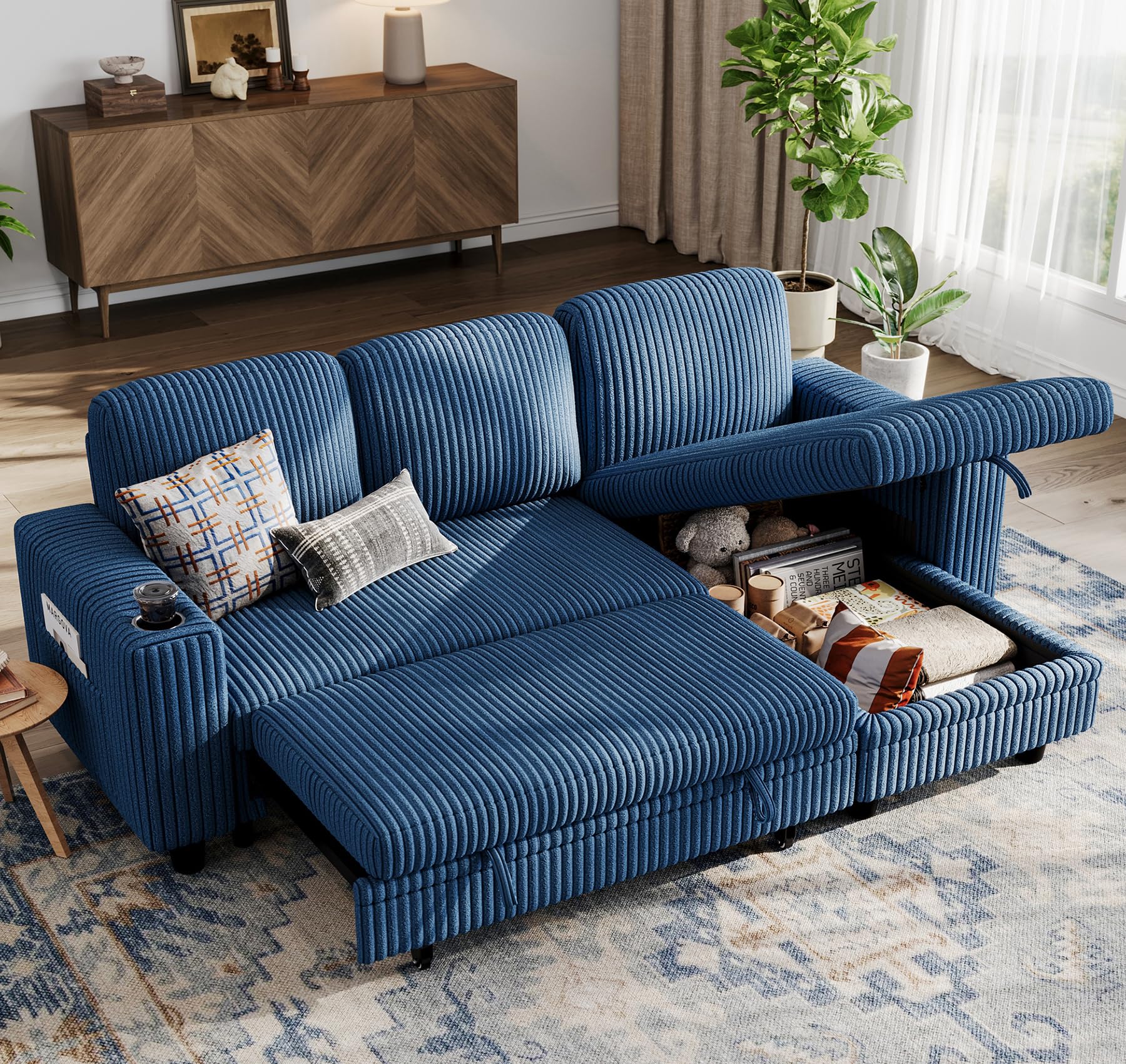 LINSY HOME Sectional Sleeper Sofa with Pull Out Couch Bed - Convertible Plush Corduroy Cloud Couch with Storage Chaise & USB Charging, Comfy Modular Couches for Living Room, Green