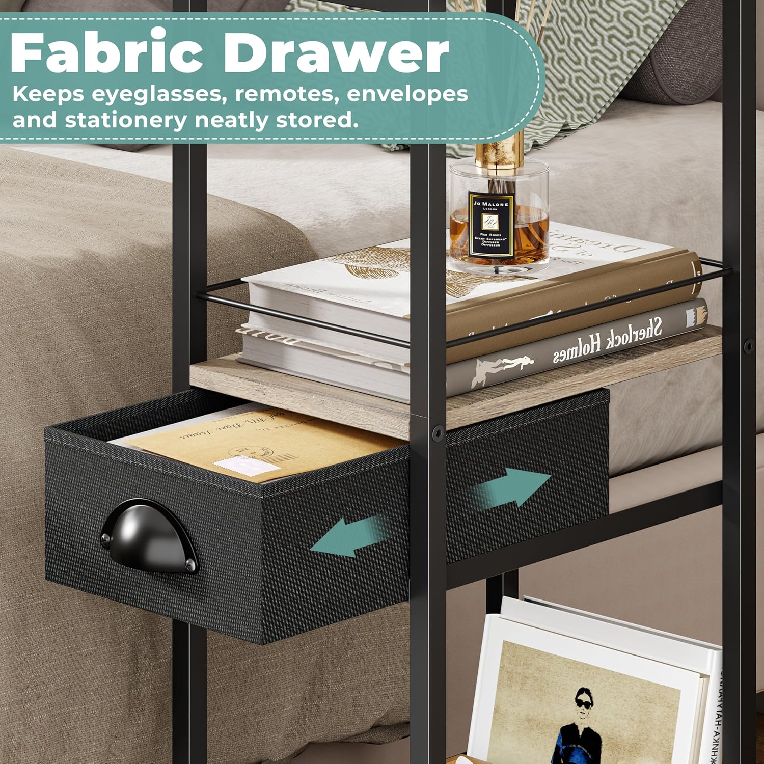 Rolling C Shaped Side Table with Storage Drawer, Ivory Portable Desk on Wheels, Bedside Table for Sofa Couch & Bed, Small Overbed Laptop Desk, Mobile Coffee End Table for Bedroom Living Room Dorm