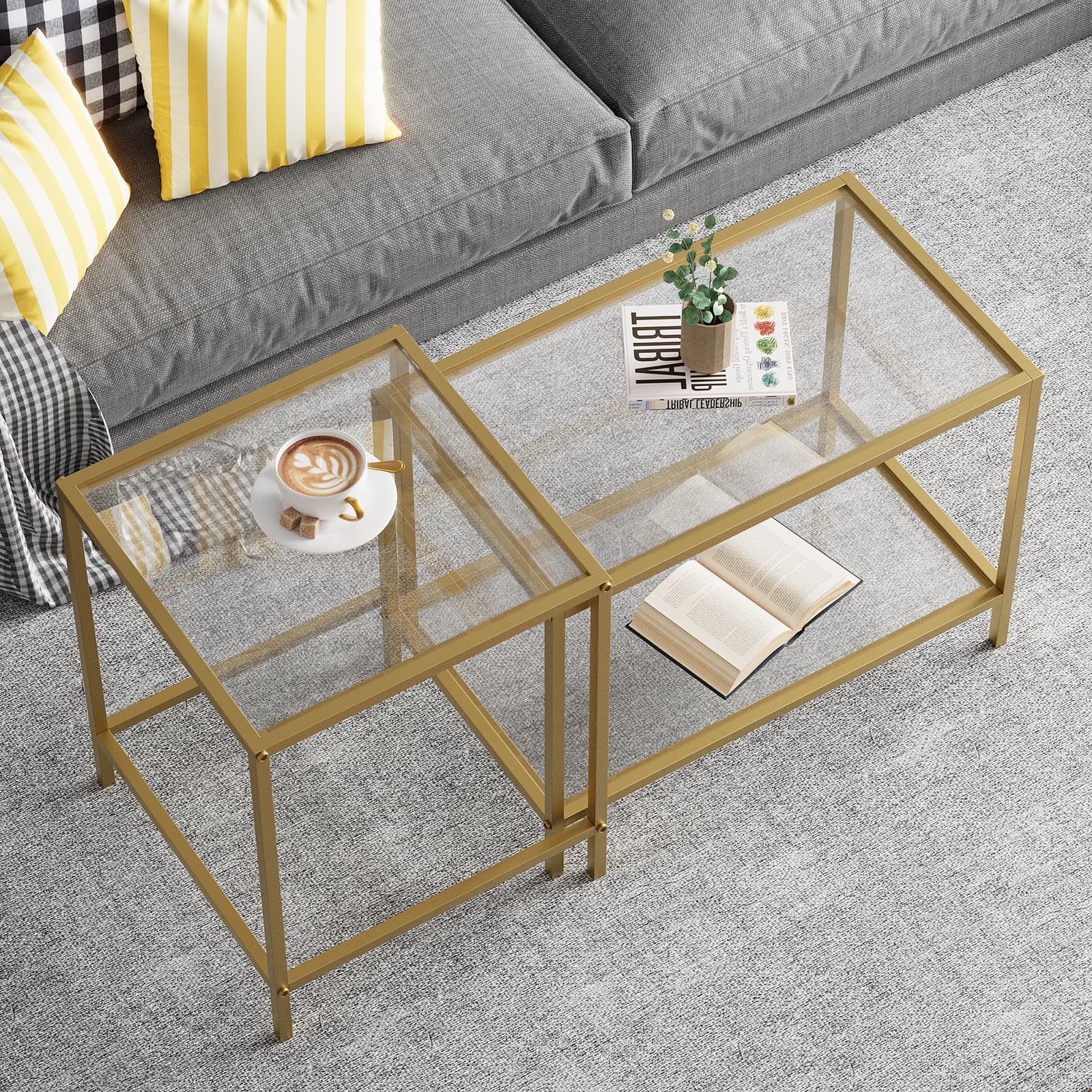 Nesting Coffee Table Set of 2,Glass Coffee Table Modern Center Living Room Table,Minimalist Nesting Table Set of 2 for Living Room,Tempered Glass-top with Sturdy Metal Frame, Easy Assembly,Black