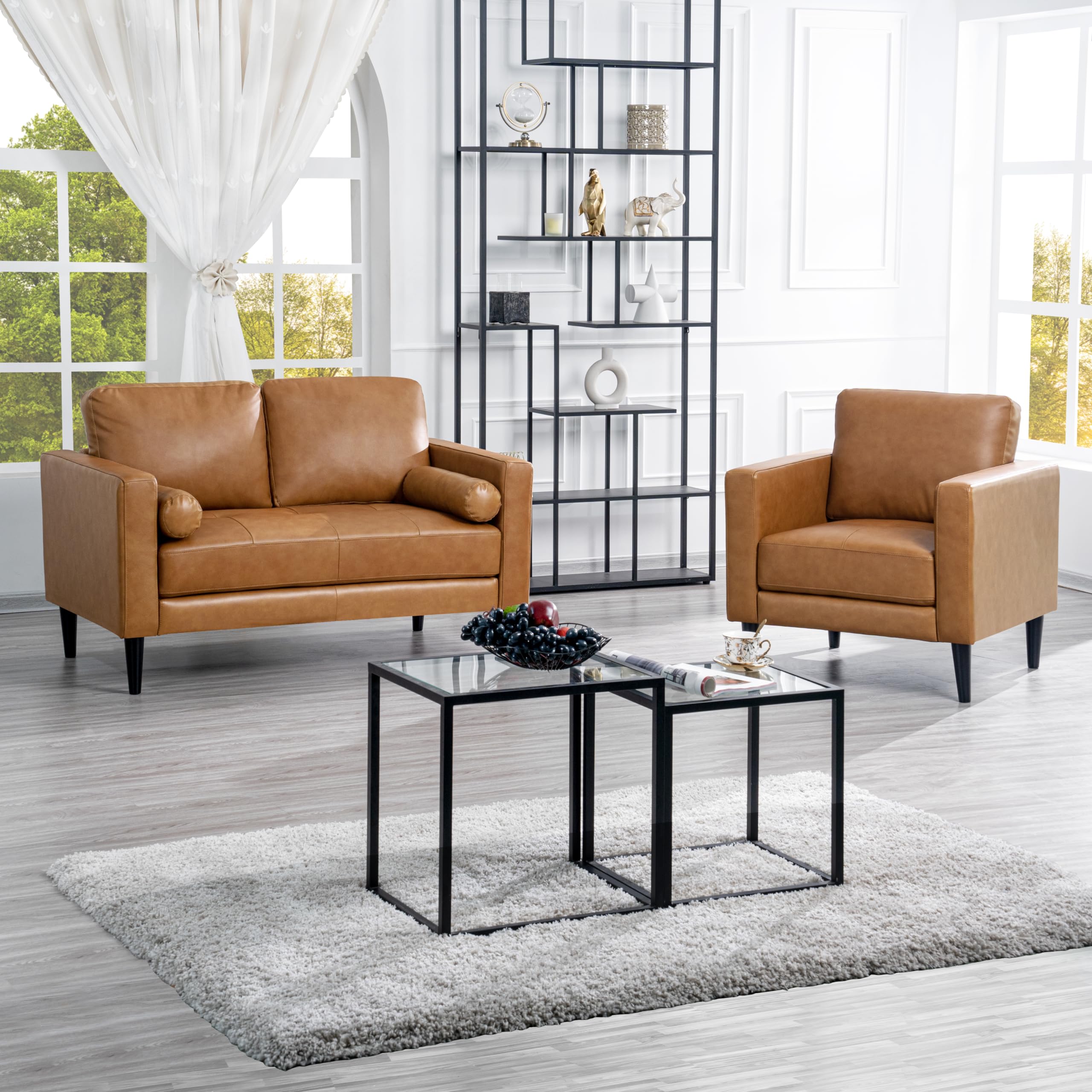 Naomi Home Marisa Genuine Leather 3 Piece Sofa Set - Revel in Exquisite Leather Opulence - Unparalleled Luxury Mid-Century 3 Piece Sofa Set- Embodiment of Cozy Lounging,Contemporary Design,Tan