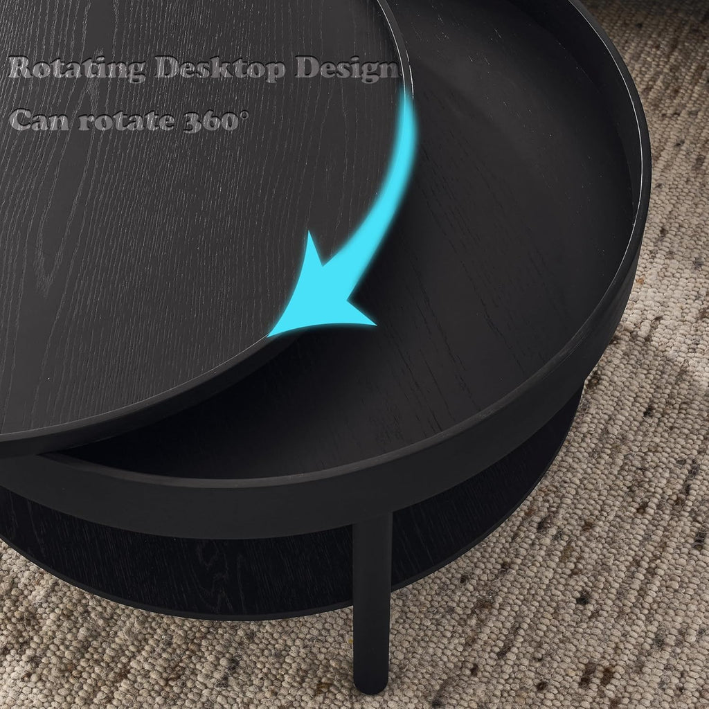 Circular Coffee Table, Living Room Table with 3-Layer 31.5 Inch Storage Rotating Tabletop, 3-Layer Tea Table Made Entirely of Rubber Wood and MDF Board (Black, 31.5"x31.5"x17.75)